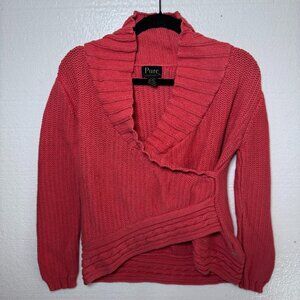 Pure Handknit Womens Size XS / S Coral Chunky Knit Wrap Sweater Pullover V-Neck